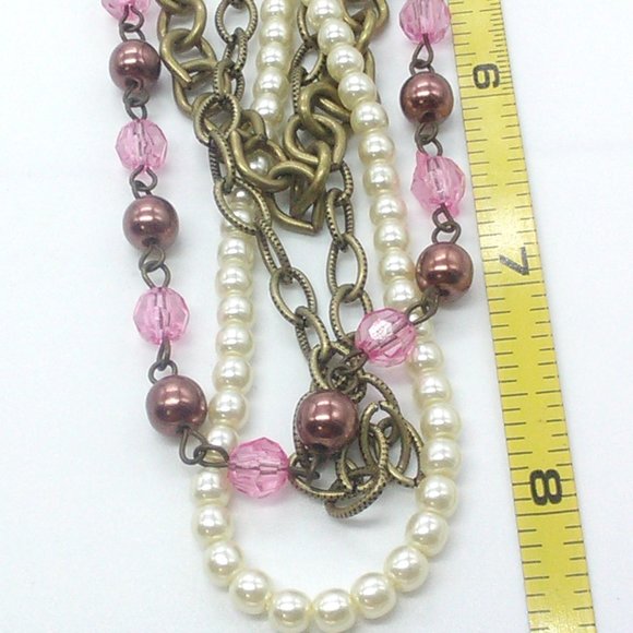Faux Pearl Beaded Chain Layered Multi-Strand Fashion Necklace 9" - Picture 5 of 5